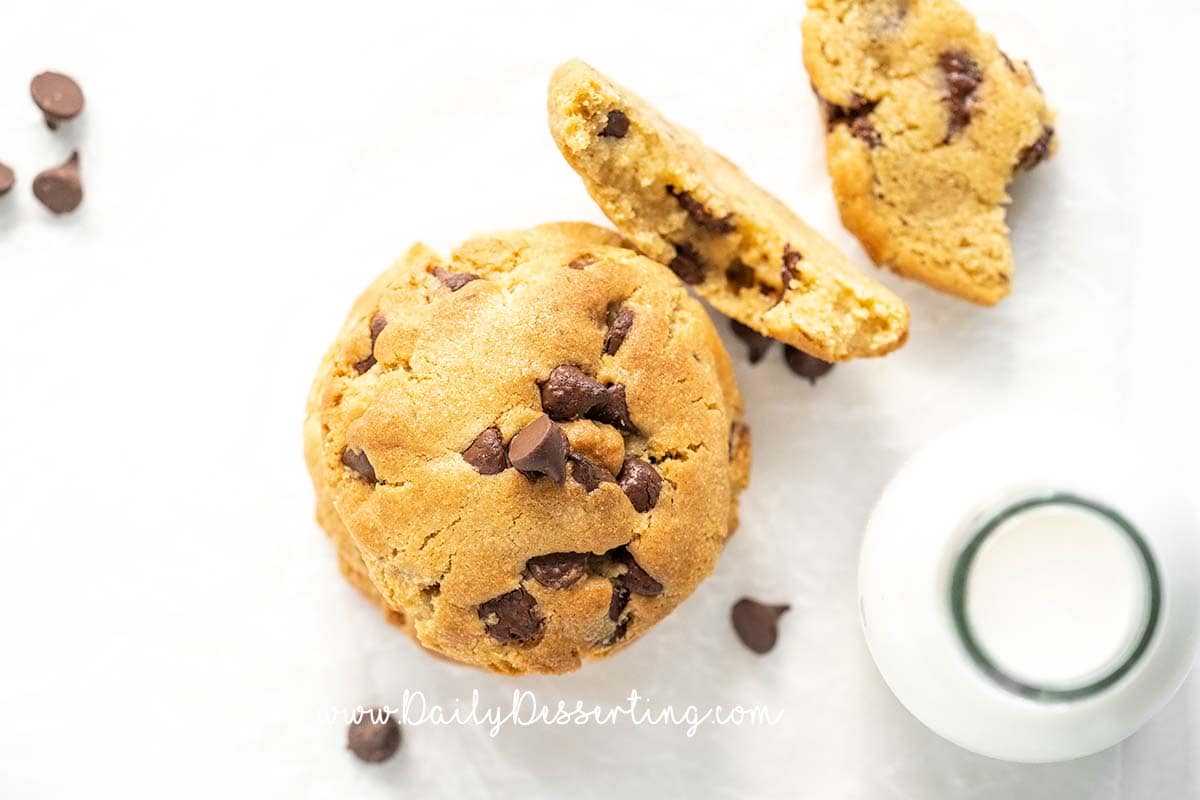 Overhead View of Air Fryer Chocolate Chip Cookies with Milk