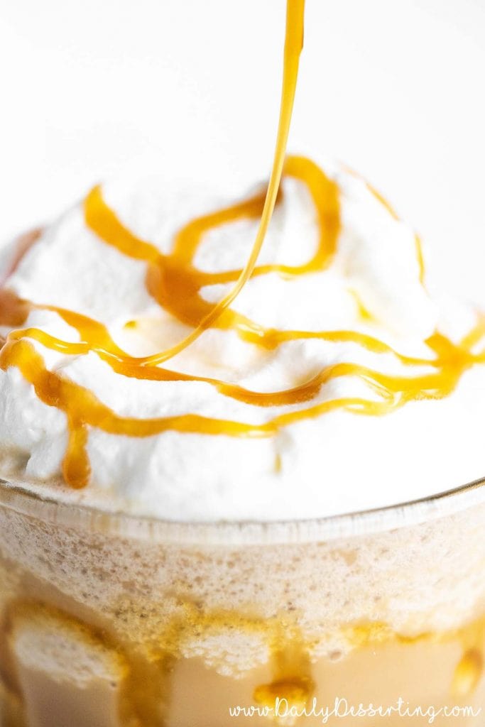 caramel drizzle on top of homemade caramel frappuccino