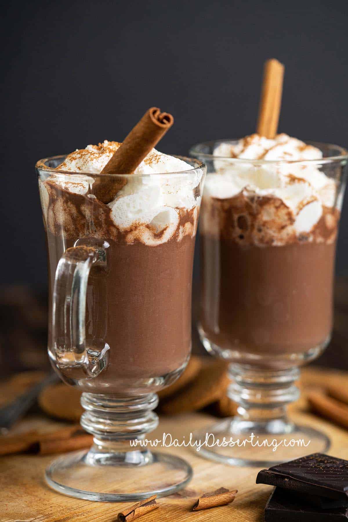 pumpkin hot chocolate recipe in 2 glass mugs